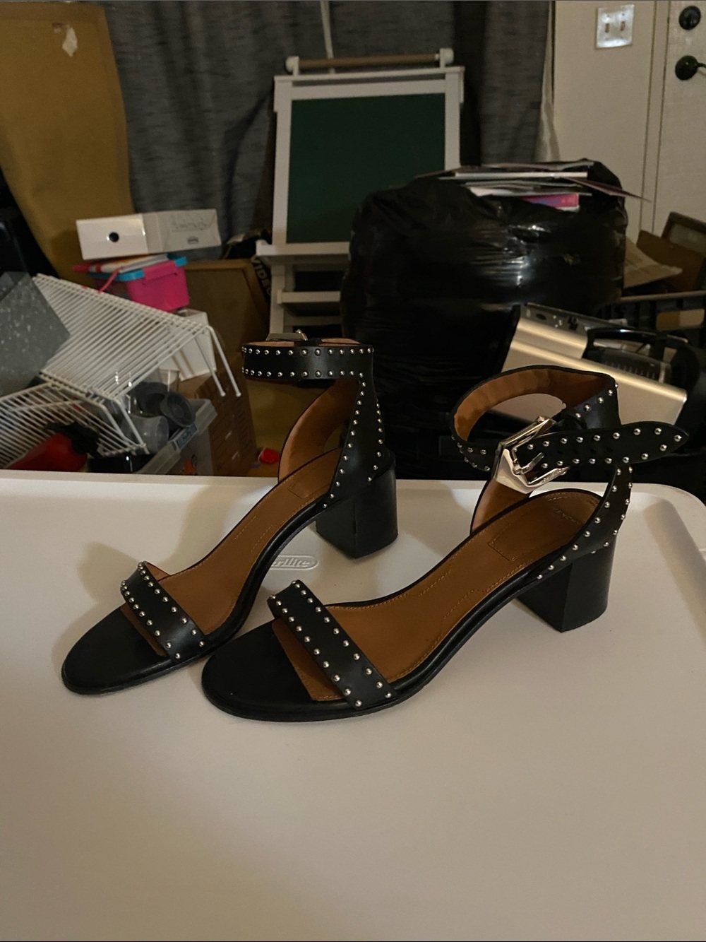 Studded Ankle-Strap Block Heels in Black